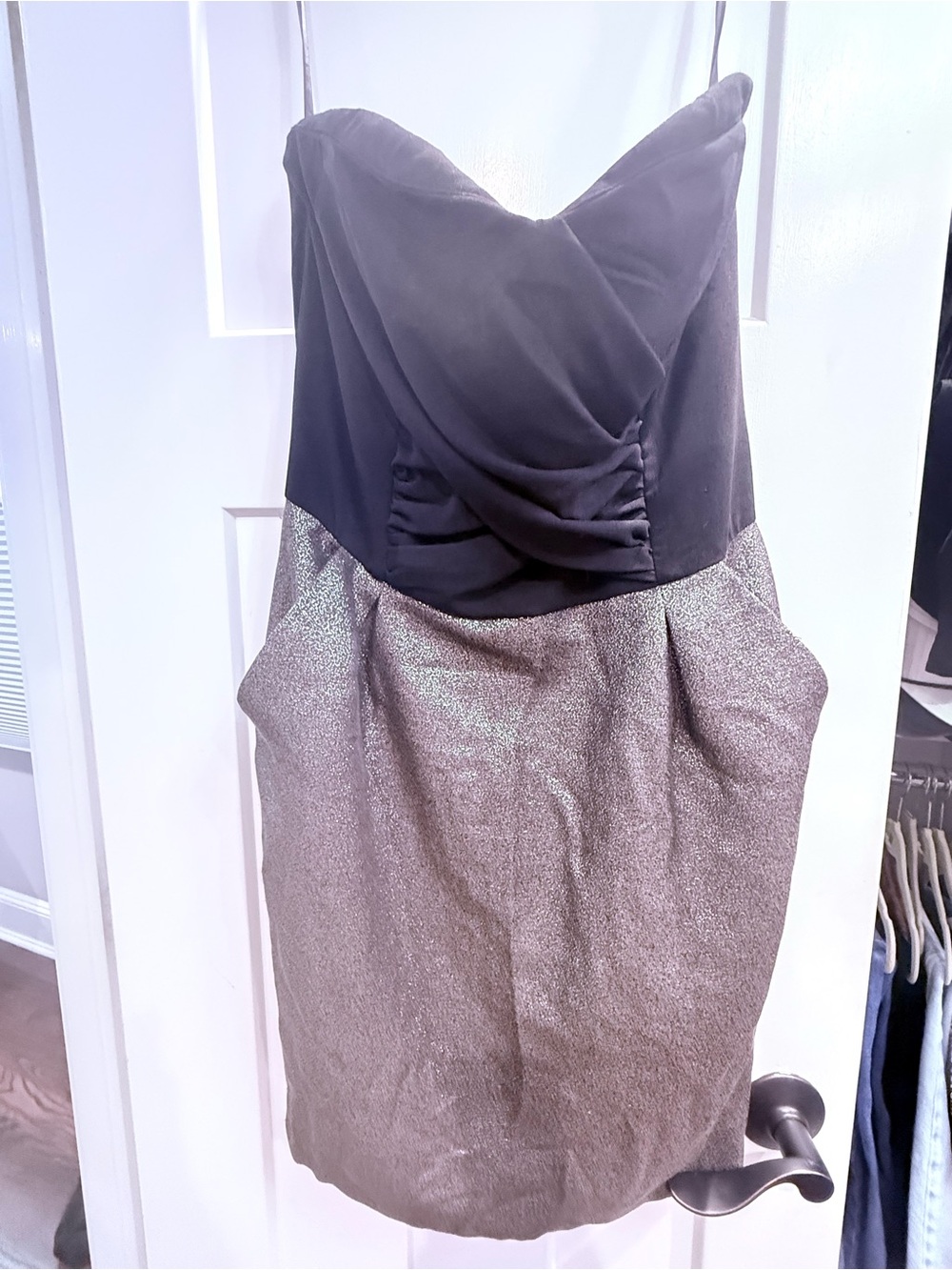 Reiss Strapless Black Bodice with Metallic Silver Skirt Dress